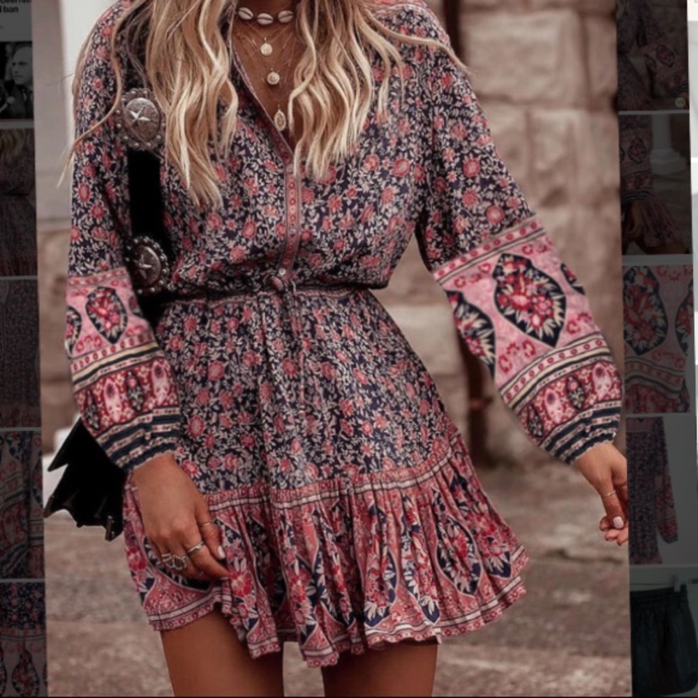 SOLD Floral Long Sleeve A-line Above Knee Casual/Boho/Skater Dress